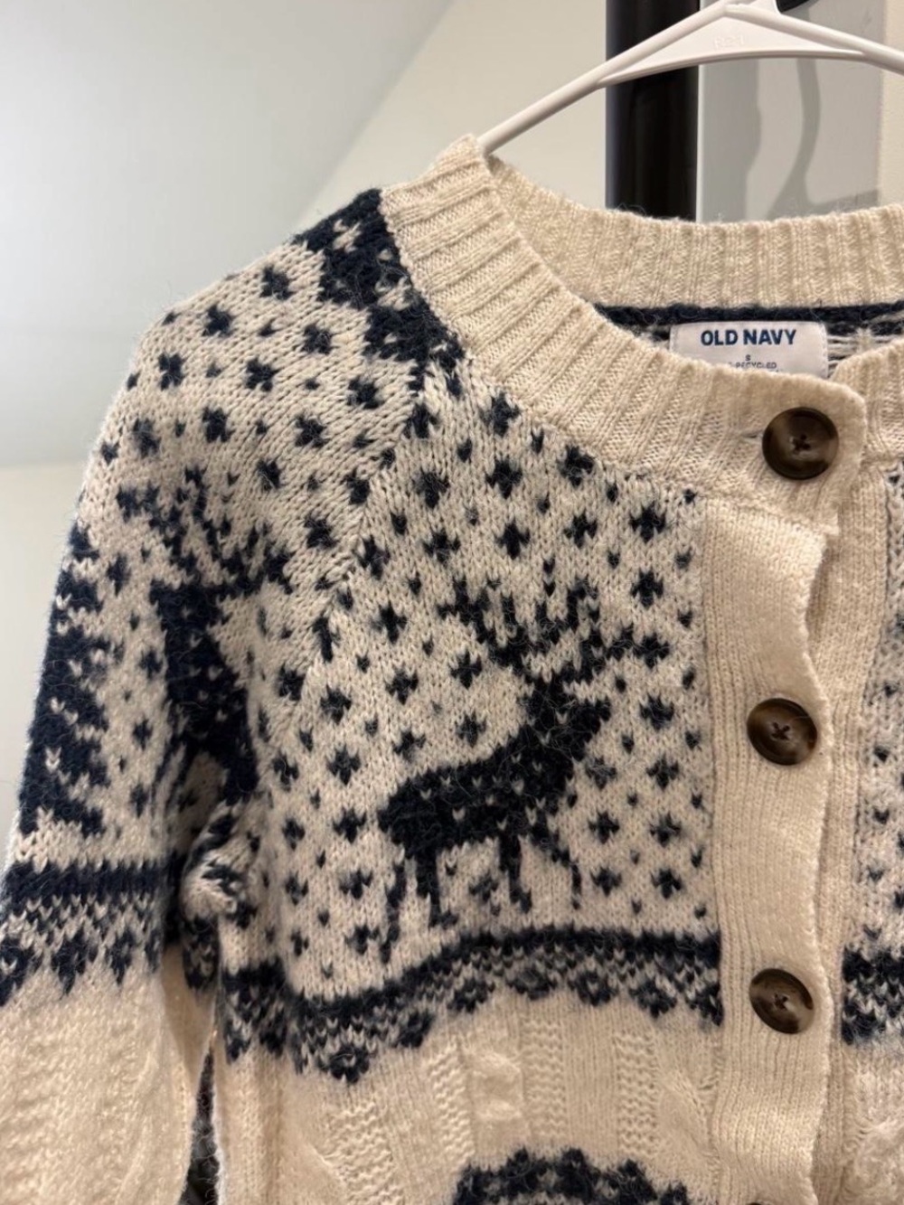 Old Navy Cream and Navy Reindeer Fair Isle Cardigan